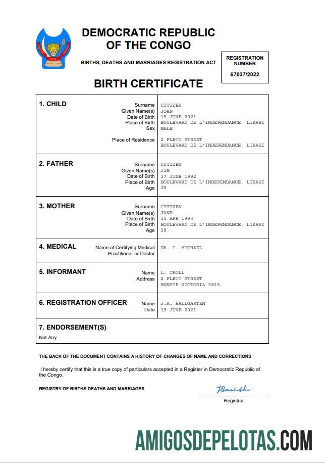 Berkualitas Democratic Republic of the Kongo kelahiran sertifikat Word and PDF templat