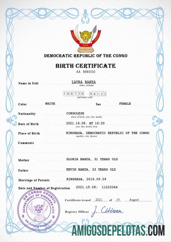 Dapat Diedit Democratic Republic of the Kongo vital record kelahiran sertifikat PSD templat
