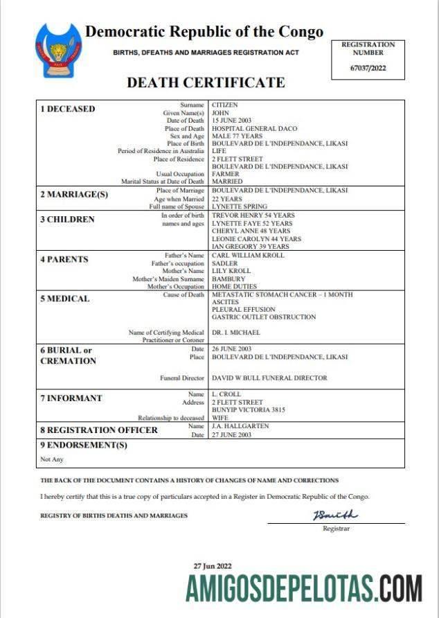 Dapat Diedit Democratic Republic of the Kongo vital record kematian sertifikat Word and PDF templat