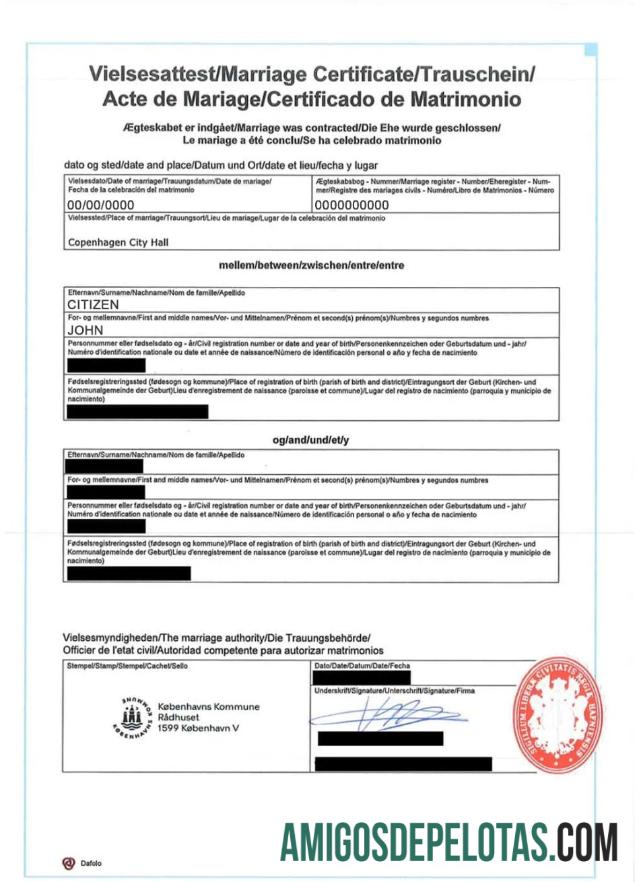 Denmark international pernikahan sertifikat sampel