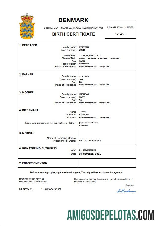 Profesional Denmark vital record kelahiran sertifikat Word and PDF templat