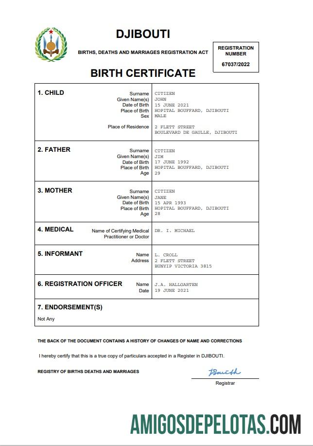 Premium Jibuti kelahiran sertifikat Word and PDF templat
