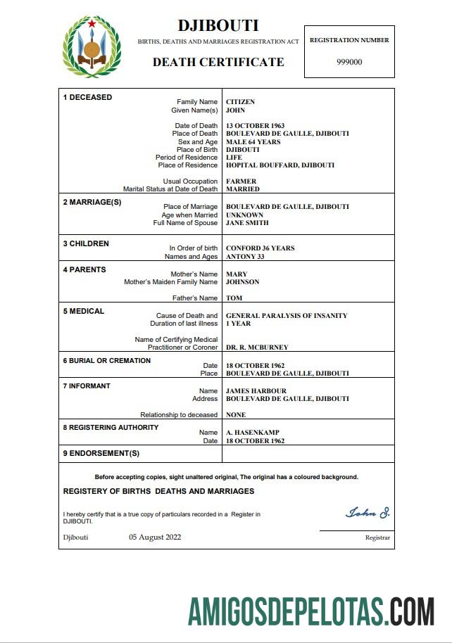 Profesional Jibuti kematian sertifikat Word and PDF templat