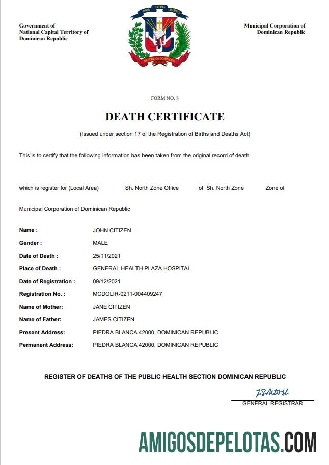 Profesional Republik Dominika kematian sertifikat Word and PDF templat