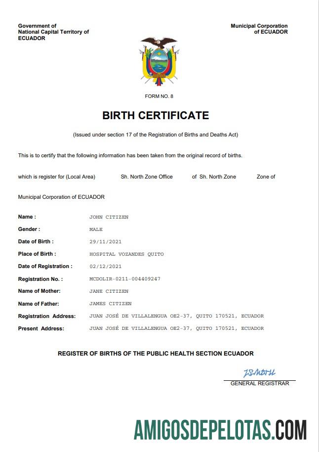 Profesional Ekuador vital record kelahiran sertifikat Word and PDF templat