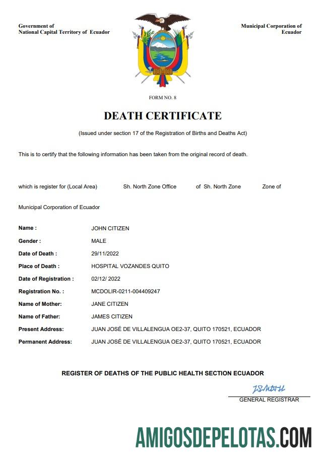 Realistis Ekuador vital record kematian sertifikat Word and PDF templat