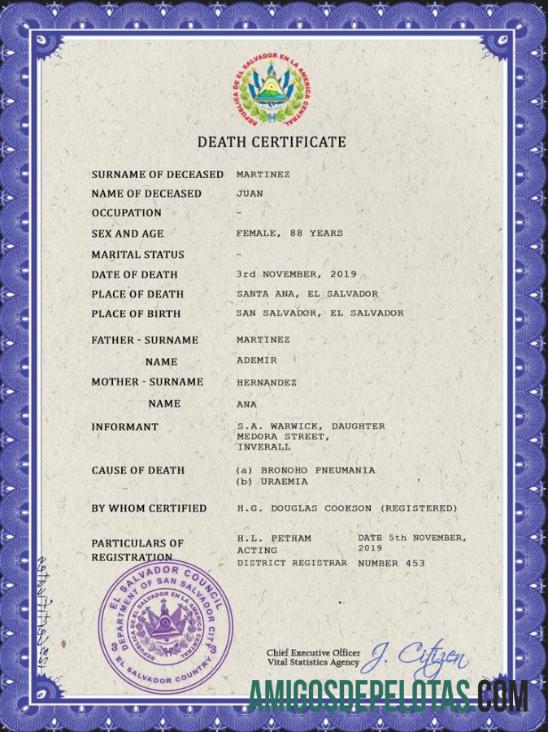 Profesional El Salvador vital record kematian sertifikat PSD templat