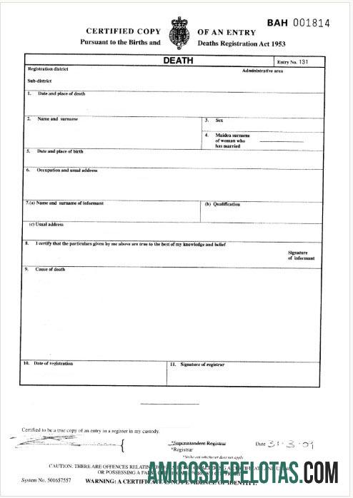 Inggris General Register of London kematian sertifikat desain