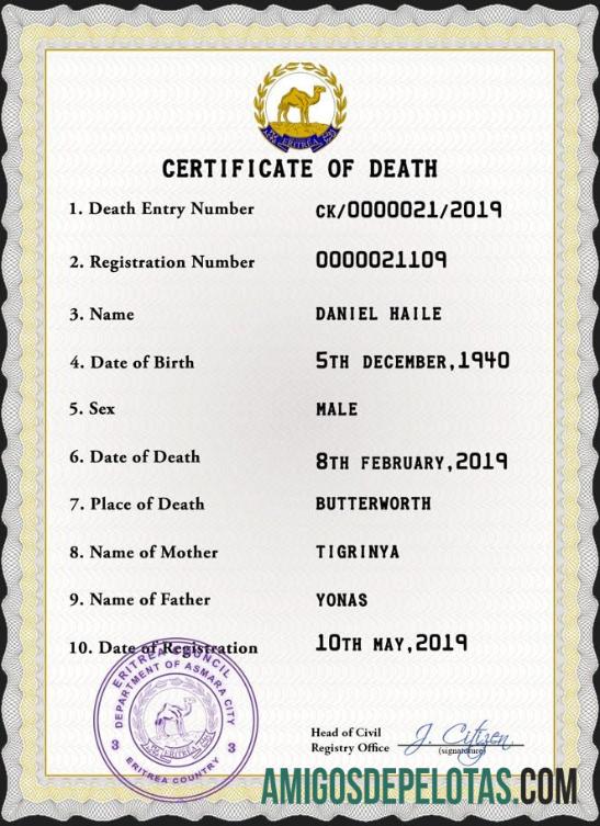 Premium Eritrea vital record kematian sertifikat PSD templat