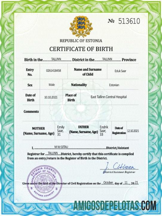 Dapat Diedit Estonia vital record kelahiran sertifikat PSD templat