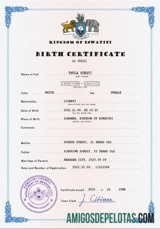 Dapat Diedit Eswatini vital record kelahiran sertifikat PSD templat