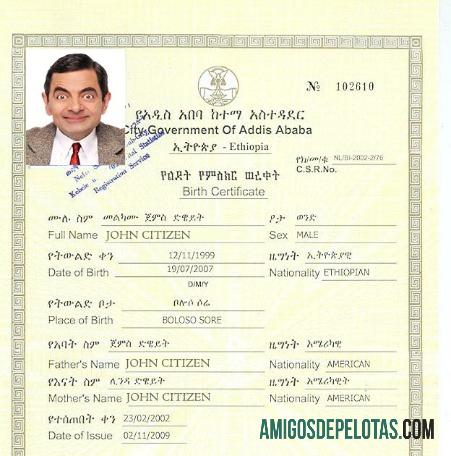 Etiopia Government of Addis Ababa kelahiran sertifikat sampel