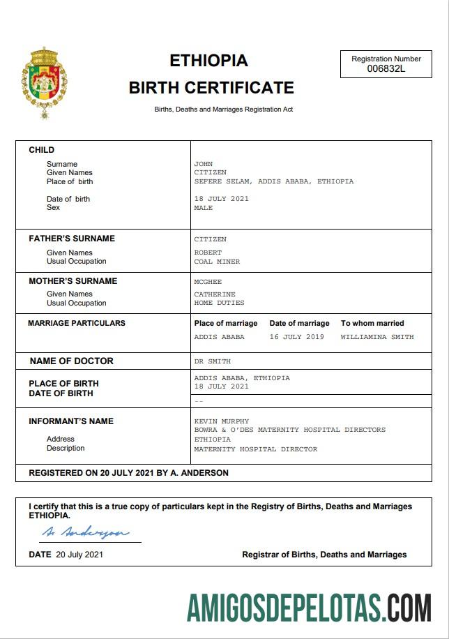 Realistis Etiopia vital record kelahiran sertifikat Word and PDF templat