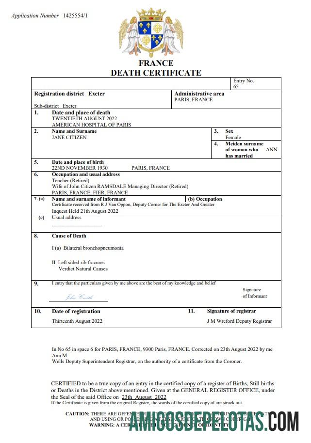 Dapat Diedit Prancis vital record kematian sertifikat Word and PDF templat