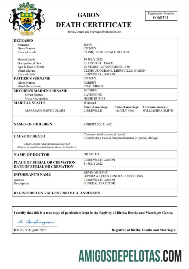 Realistis Gabon kematian sertifikat Word and PDF templat
