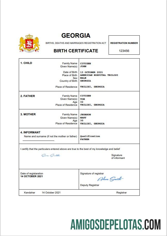 Profesional Georgia vital record kelahiran sertifikat Word and PDF templat