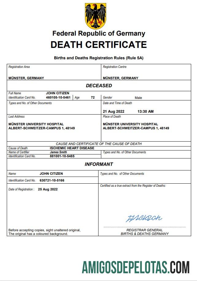 Profesional Jerman kematian sertifikat Word and PDF templat