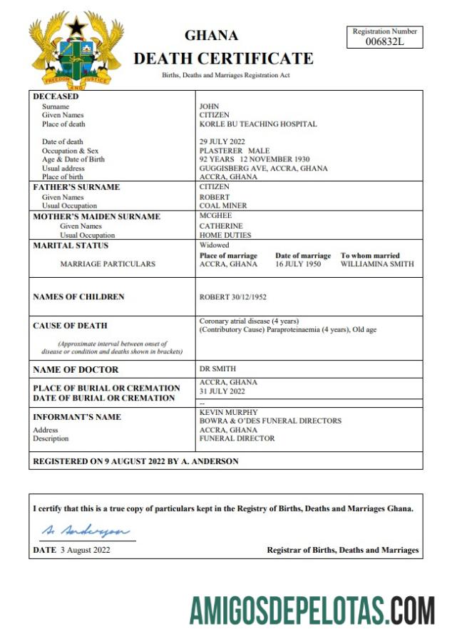 Dapat Diedit Ghana vital record kematian sertifikat Word and PDF templat