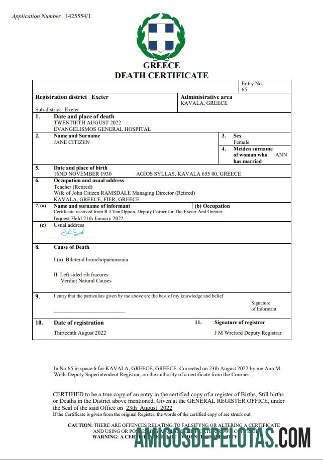 Realistis Yunani kematian sertifikat Word and PDF templat