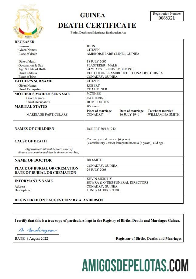 Realistis Guinea kematian sertifikat Word and PDF templat,