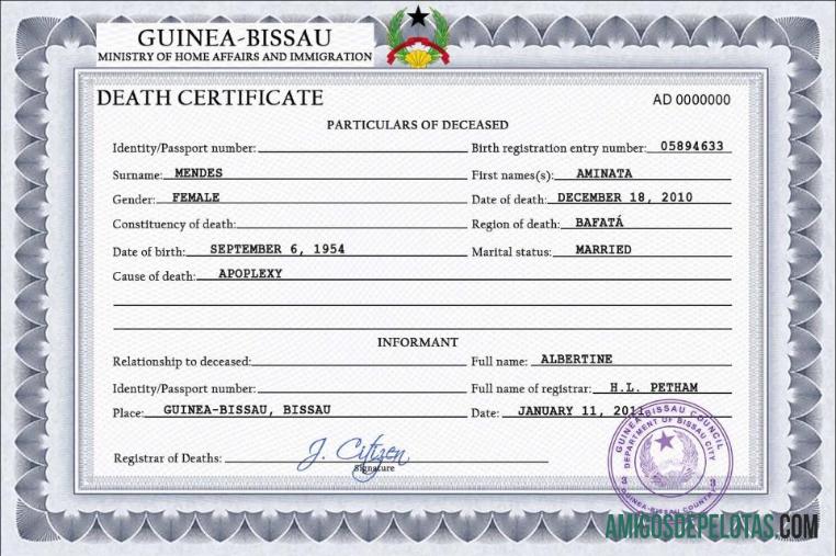 Premium Guinea Bissau vital record kematian sertifikat PSD templat