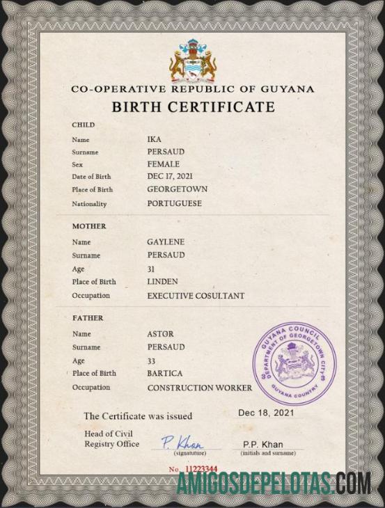 Premium Guyana vital record kelahiran sertifikat PSD templat