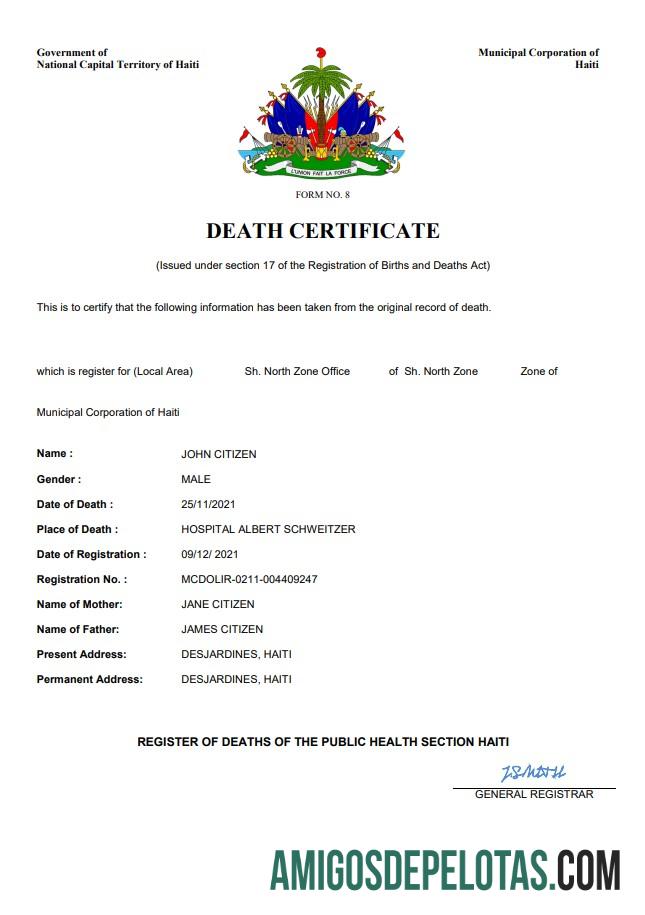 Berkualitas Haiti kematian sertifikat Word and PDF templat