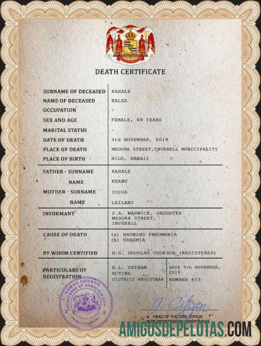 Dapat Diedit Hawaii vital record kematian sertifikat PSD templat