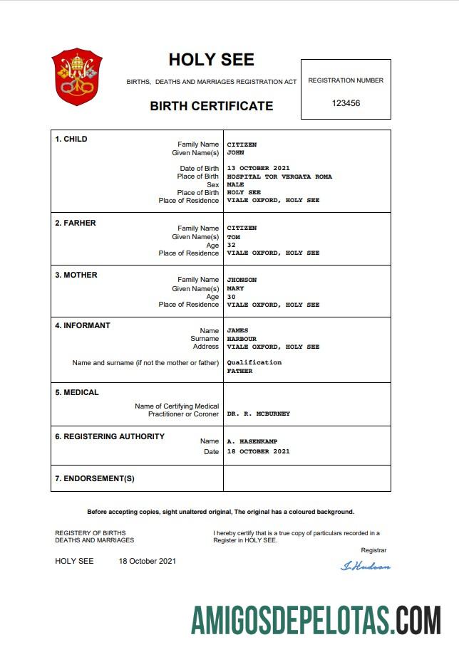 Berkualitas Holy See vital record kelahiran sertifikat Word and PDF templat