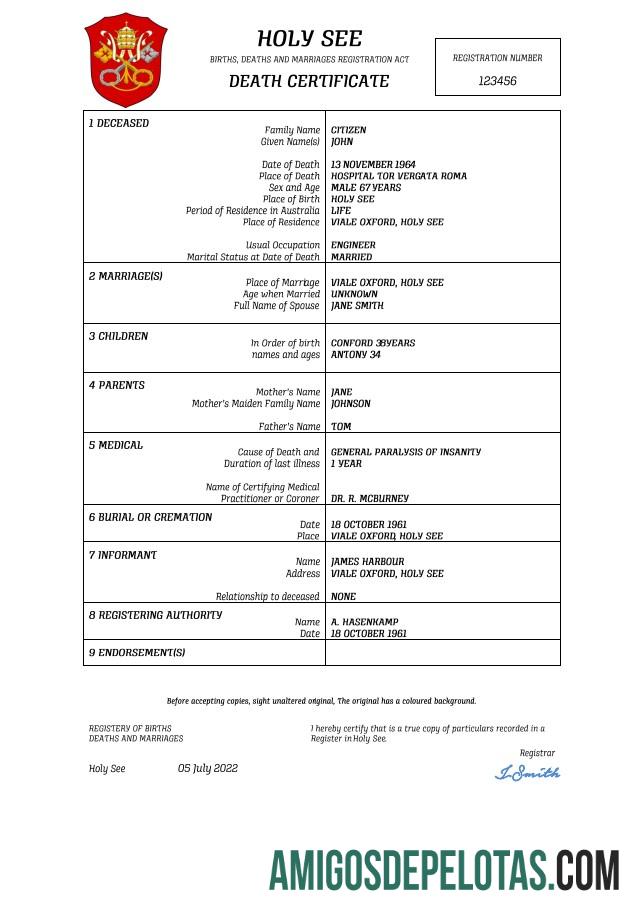 Profesional Holy See vital record kematian sertifikat Word and PDF templat