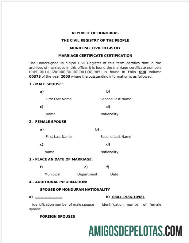 Honduras Civil registry of the people pernikahan sertifikat pratinjau