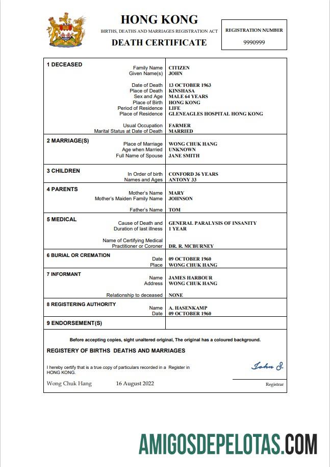 Profesional Hong Kong kematian sertifikat Word and PDF templat,