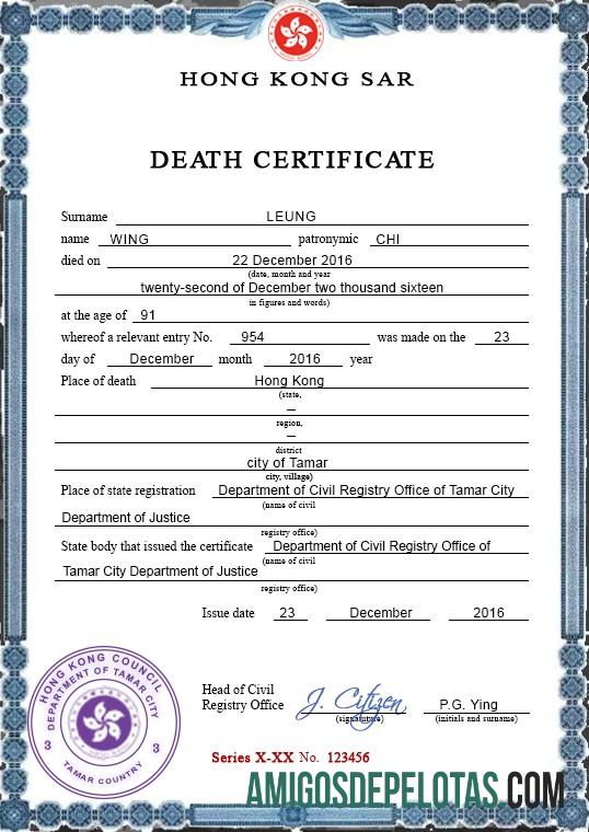 Profesional Hong Kong vital record kematian sertifikat PSD templat