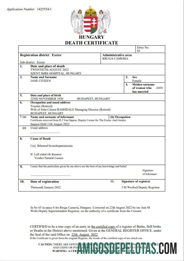 Hungaria vital record kematian sertifikat Word and PDF templat pratinjau