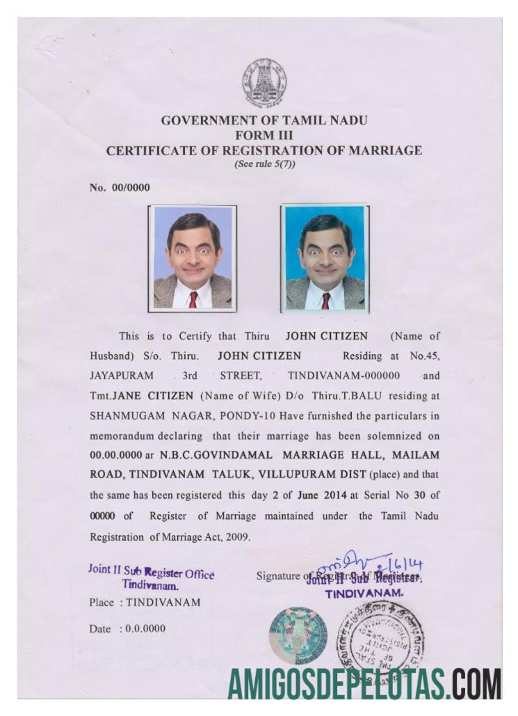 India (TAMIL NADU) pernikahan sertifikat sampel