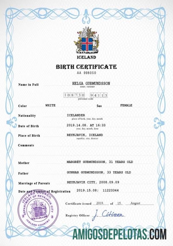 Profesional Islandia vital record kelahiran sertifikat PSD templat