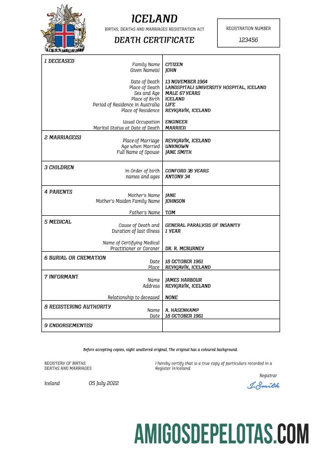 Realistis Islandia vital record kematian sertifikat Word and PDF templat