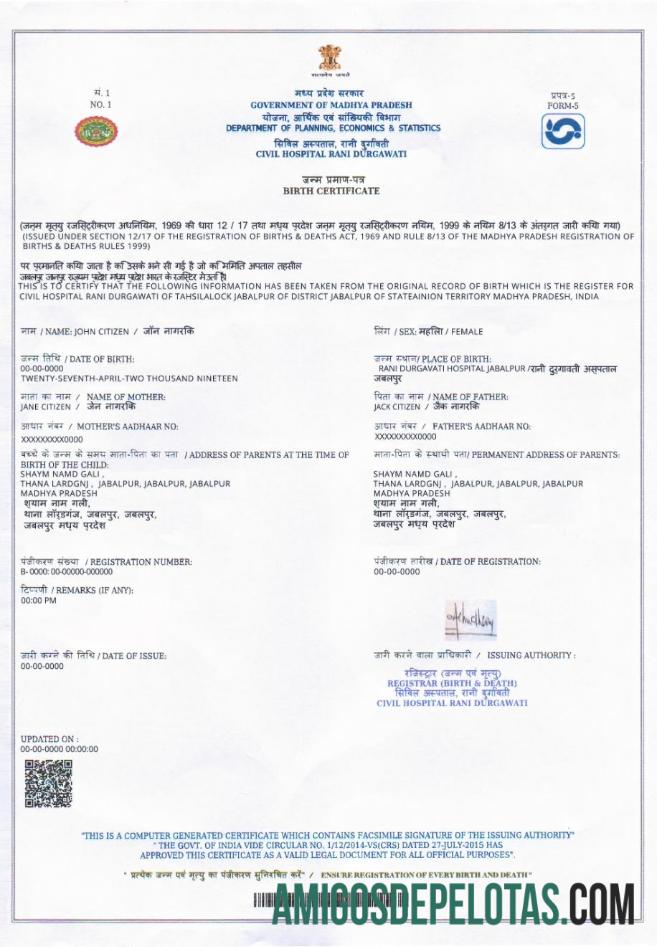 India (Madhya Pradesh) vital record kelahiran sertifikat templat
