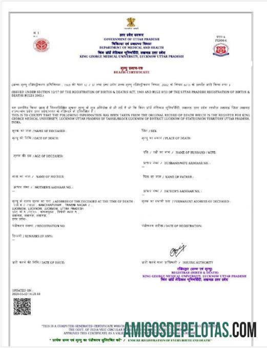 India Department of medis and kesehatan of Uttar Pradesh kematian sertifikat templat