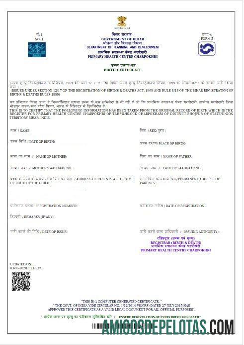 India Government of Bihar kelahiran sertifikat sampel