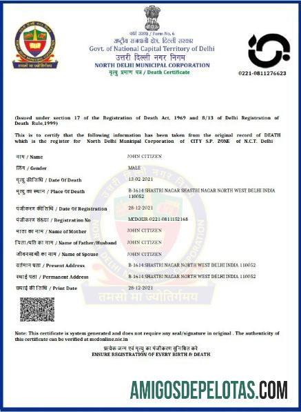India Government of Delhi kematian sertifikat pratinjau