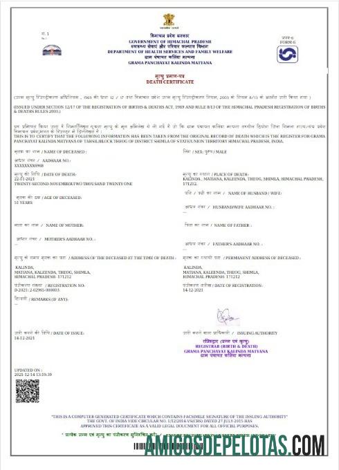 India Government of Himachal Pradesh kematian sertifikat sampel
