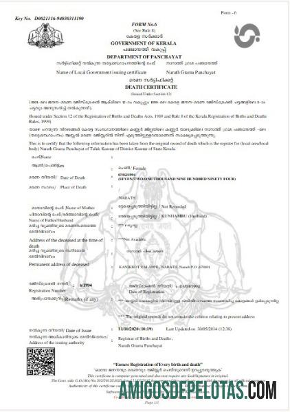 India Government of Kerala kematian sertifikat sampel