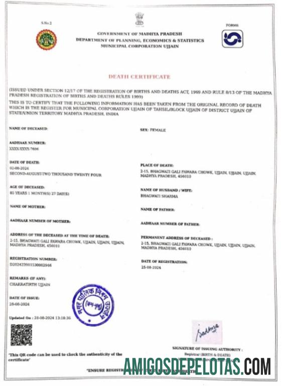 India Government of Madhya Pradesh kematian sertifikat desain