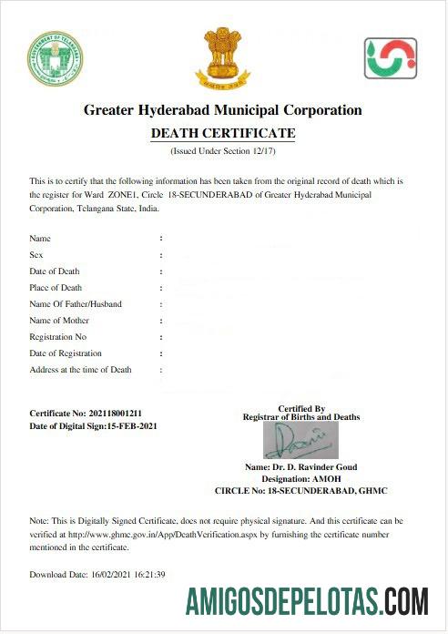 India Greater hyderabad municipal corporation kematian sertifikat sampel