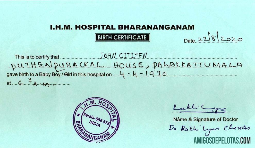 India I.H.M. Bharananganam hospital kelahiran sertifikat makering