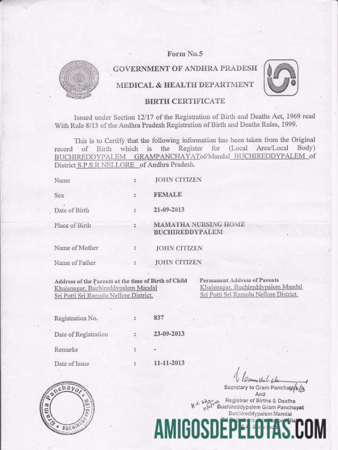 India medis & kesehatan department of government of Andhra Pradesh kelahiran sertifikat sampel
