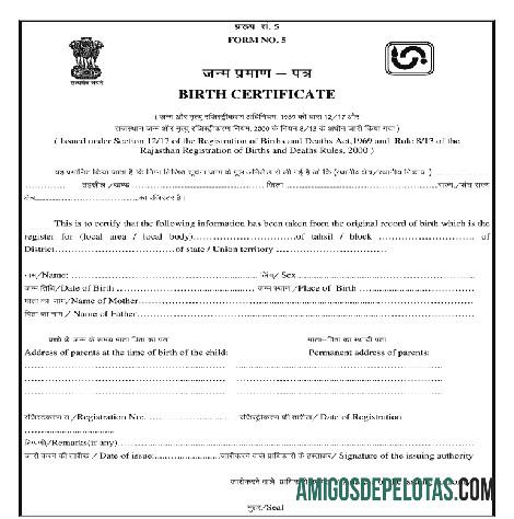 India Rajasthan pendaftaran of births and deaths sertifikat of kelahiran sampel