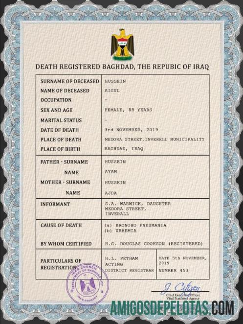 Profesional Irak vital record kematian sertifikat PSD templat