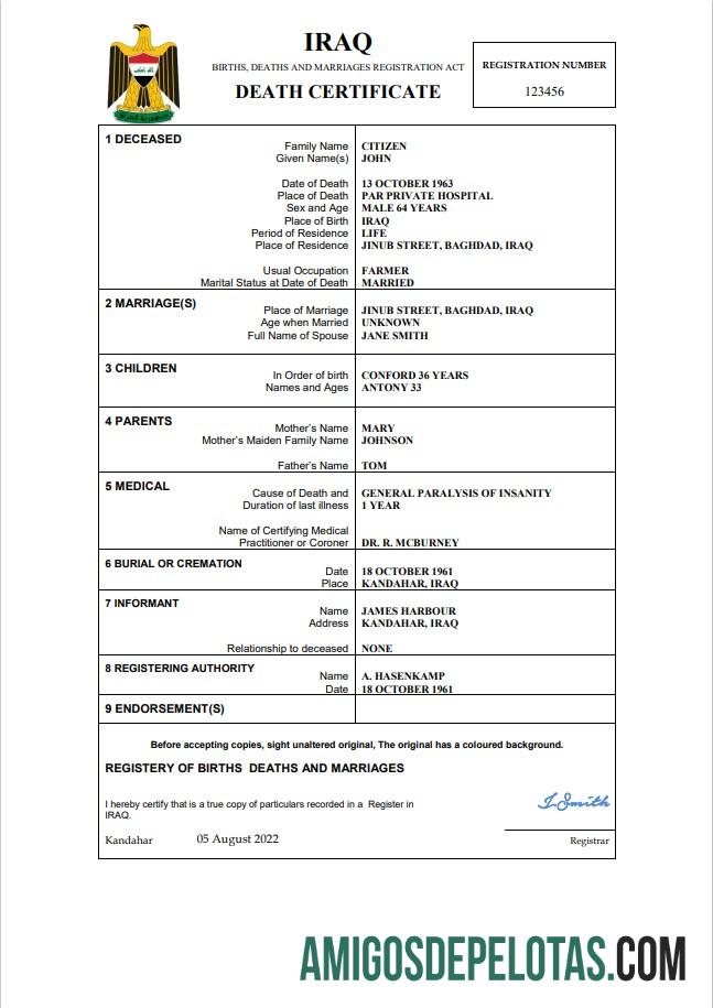 Premium Irak vital record kematian sertifikat Word and PDF templat